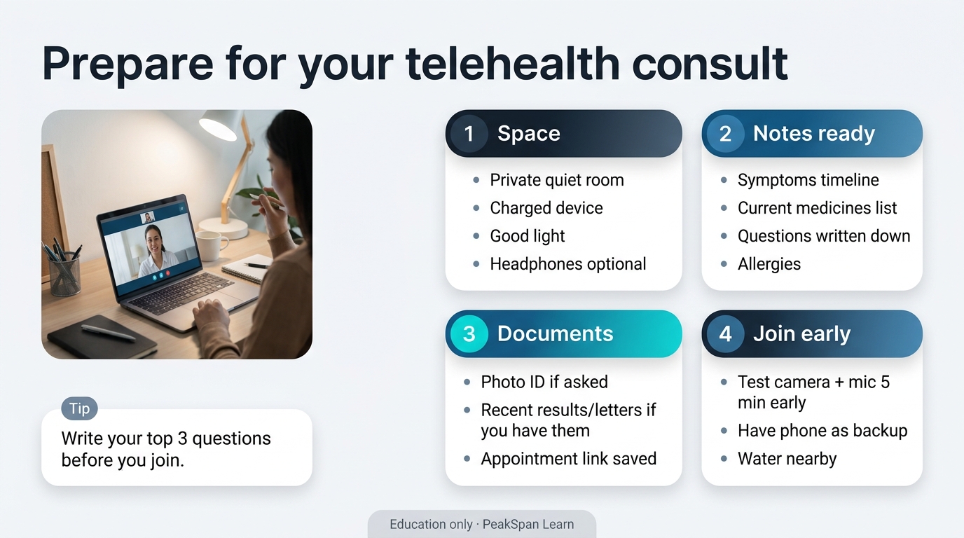 Infographic summarising telehealth preparation: notes to gather and questions to ask