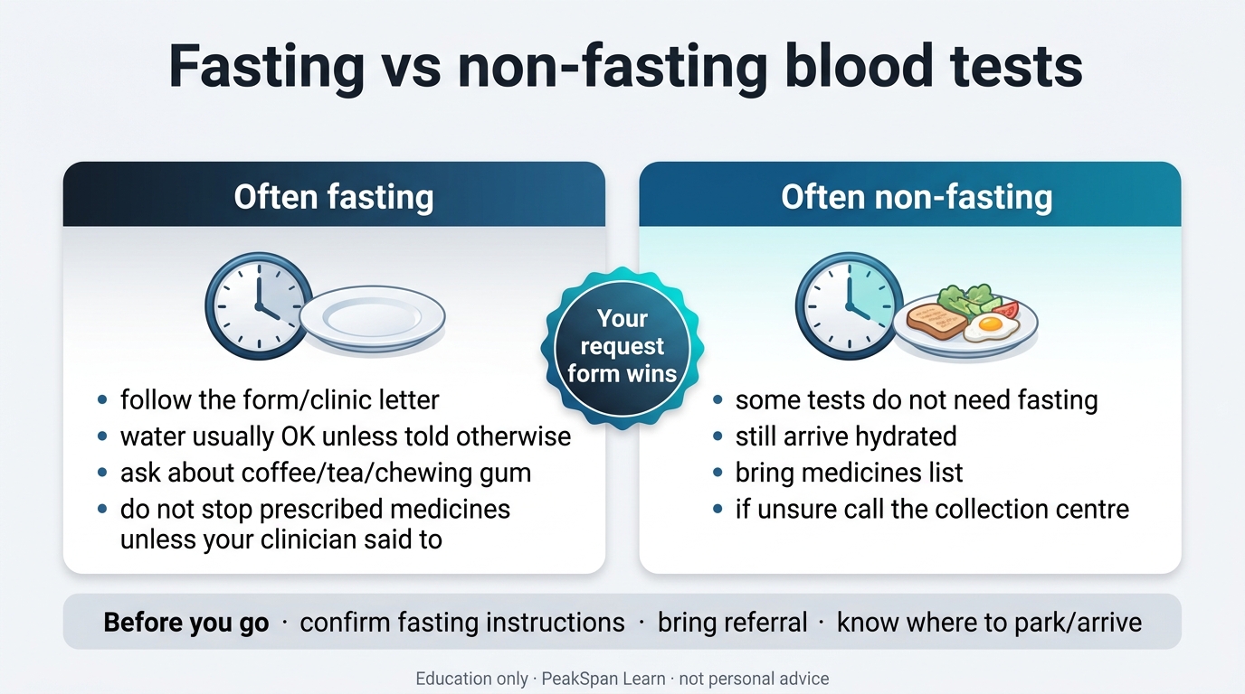 Infographic comparing fasting and non-fasting blood test preparation