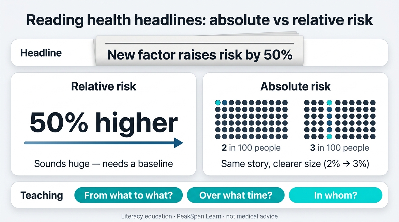 Infographic contrasting absolute risk and relative risk in health headlines