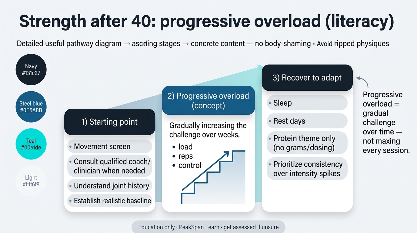 Infographic on strength training after 40, progressive overload and when to seek assessment