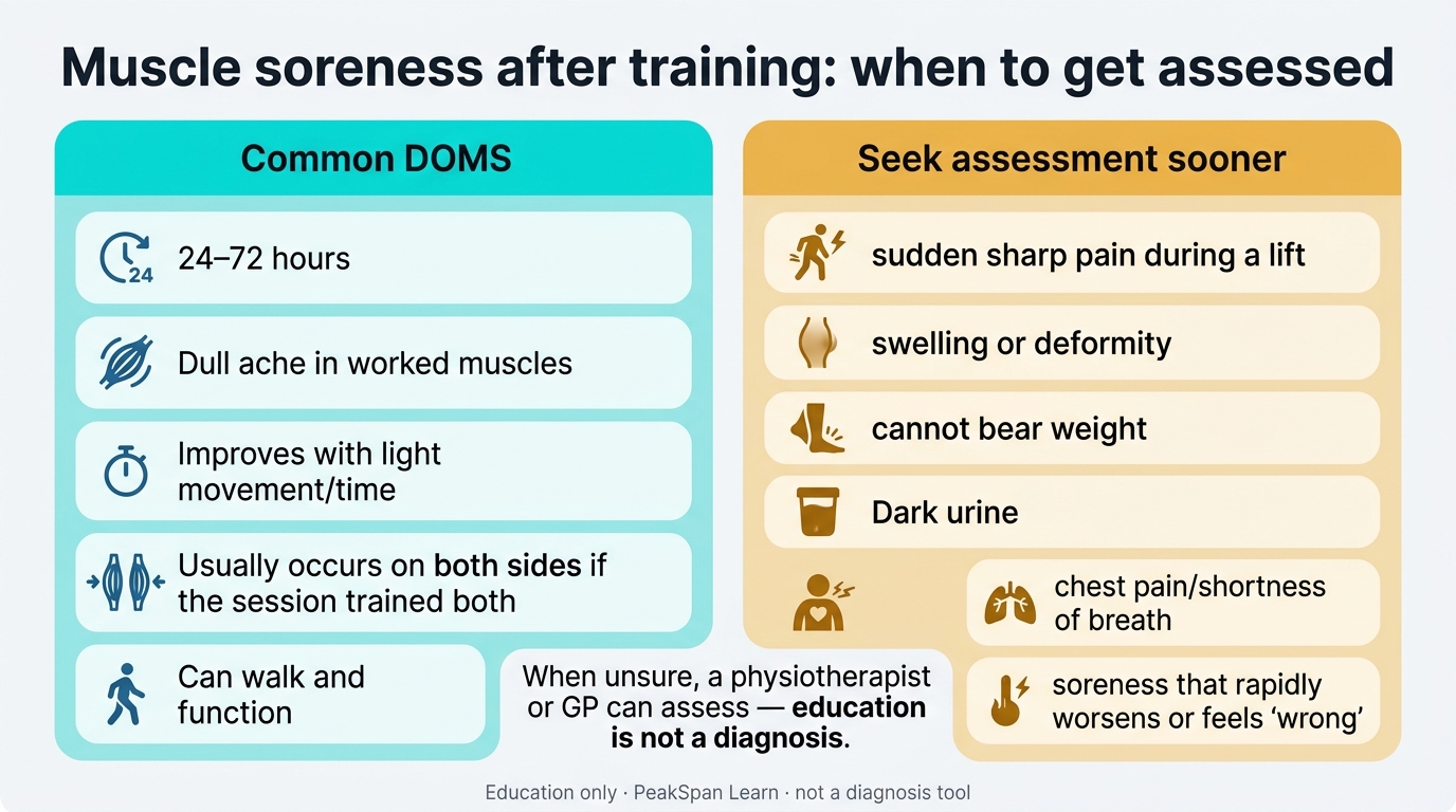 Infographic on typical muscle soreness after training and warning signs that need assessment